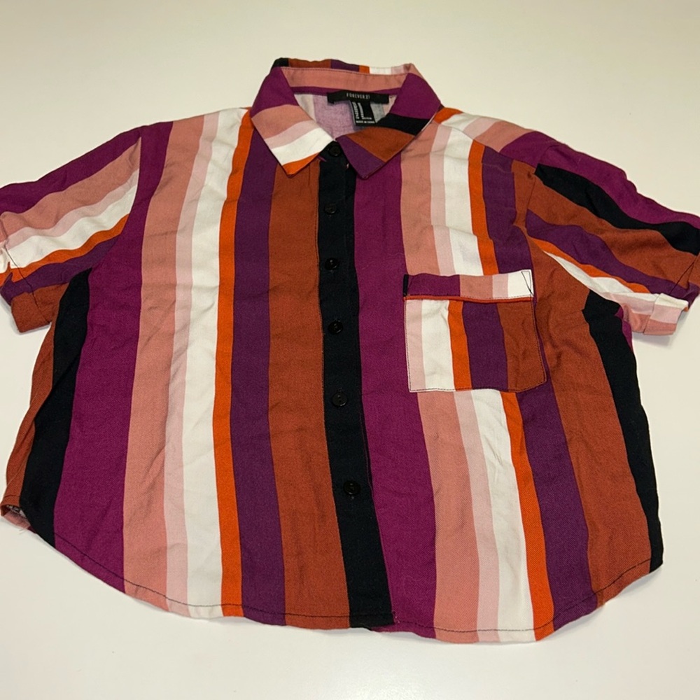 Retro 90s old school Striped Button-Up Shirt in Purple and Orange size M
